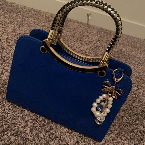 Neiman Marcus Shiny Faux Leather Blue Diamond Pattern Top Handle Purse - Picture 1 of 5